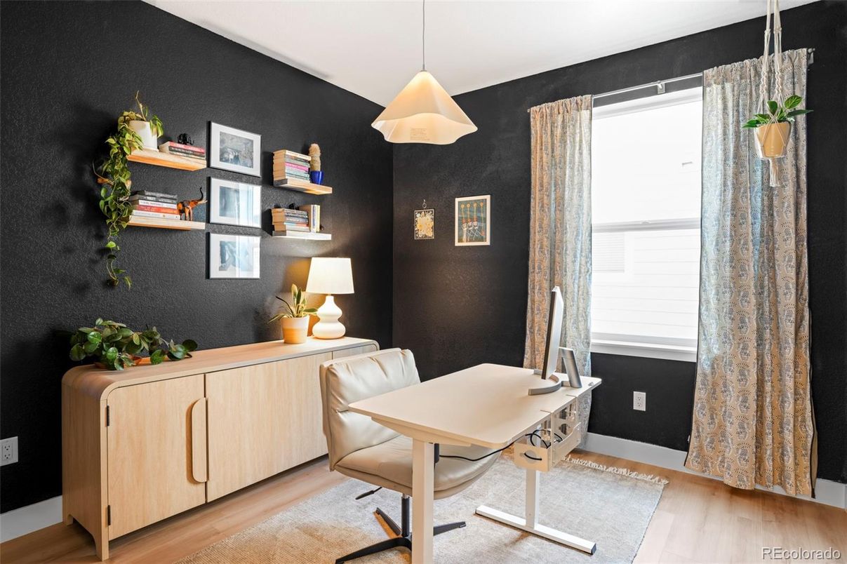Home Office, Interior, Pendant Lights, Wood Texture Flooring
