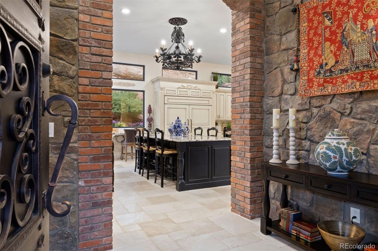 Chandelier, Dining room, Interior, Kitchen, Recessed Lighting, Stone Walls