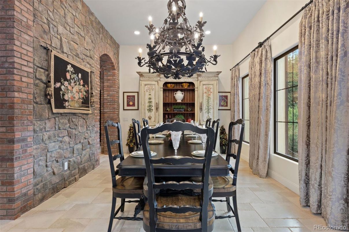 Chandelier, Dining room, Interior, Recessed Lighting, Stone Walls