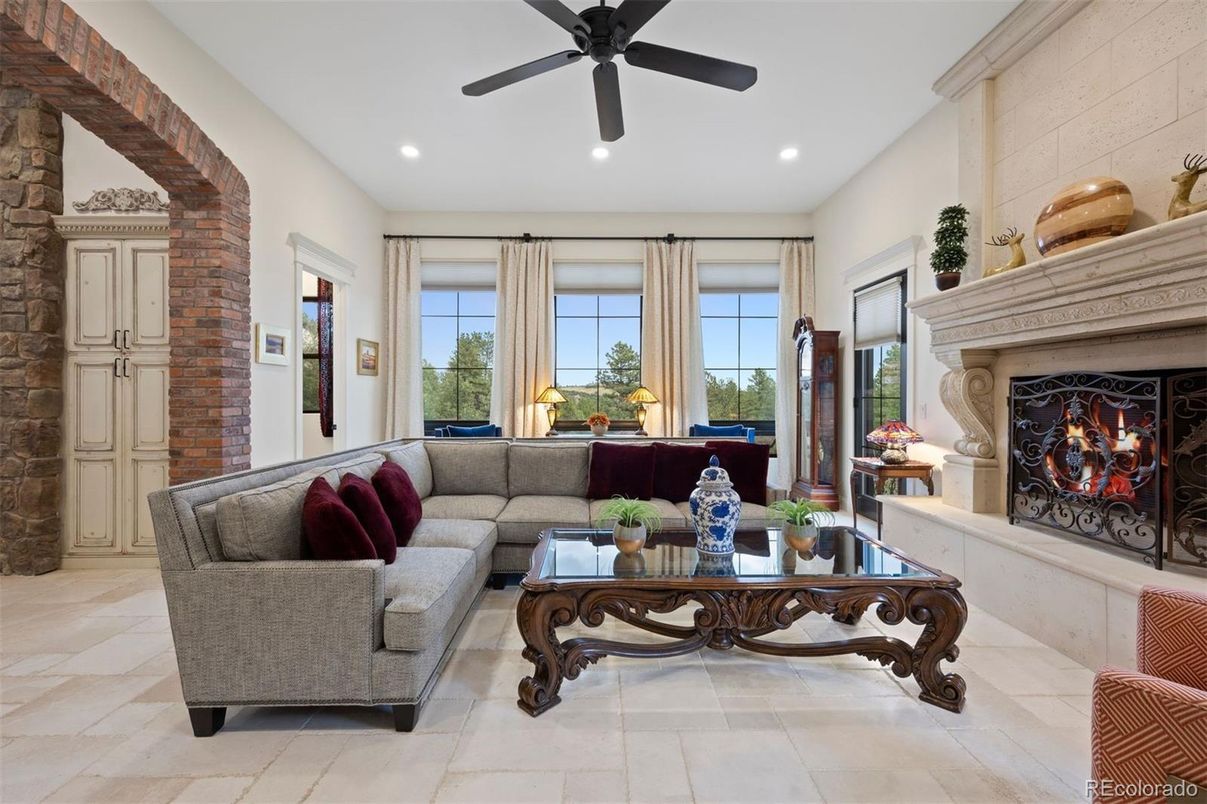 Fireplace, Interior, Living room, Recessed Lighting, Stone Walls