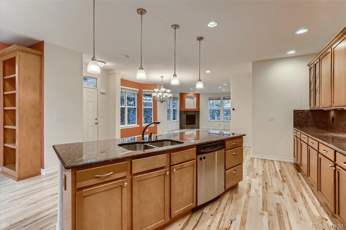 Chandelier, Interior, Kitchen, Pendant Lights, Recessed Lighting, Wood Texture Flooring