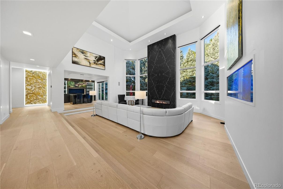 Fireplace, Interior, Living room, Recessed Lighting, Wood Texture Flooring