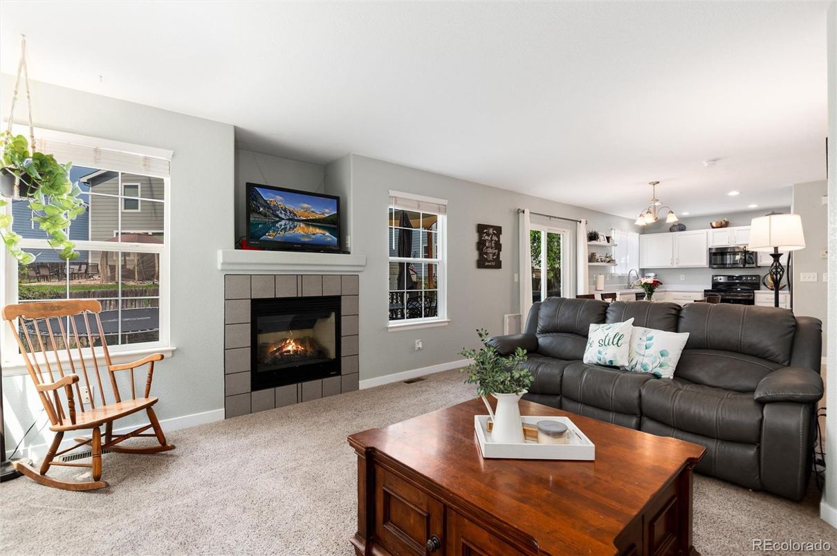 Dining room, Fireplace, Interior, Kitchen, Living room, Pendant Lights, Recessed Lighting, Stainless Steel Appliances