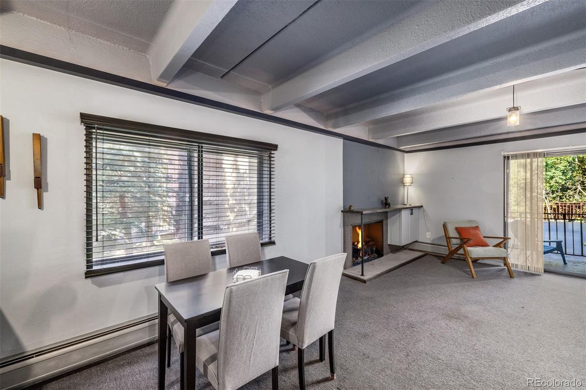 Dining room, Fireplace, Interior, Pendant Lights