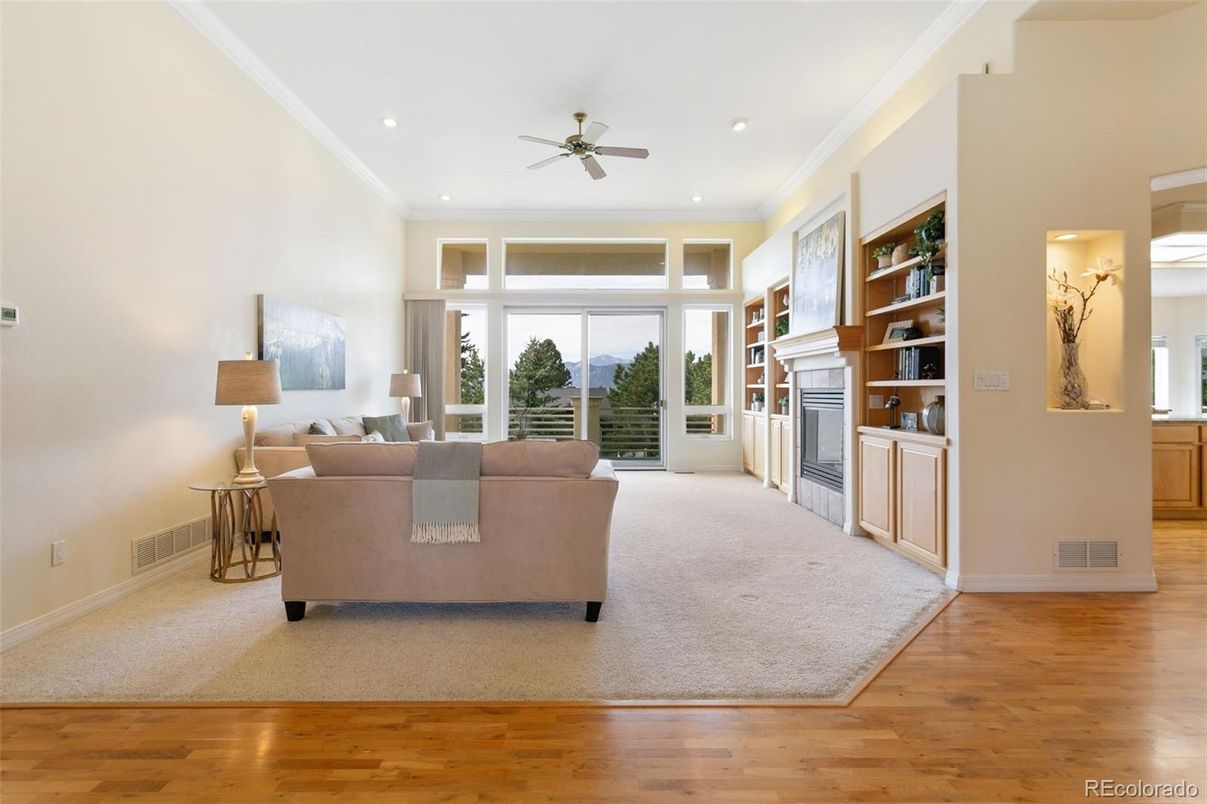 Fireplace, Interior, Living room, Recessed Lighting, Wood Texture Flooring