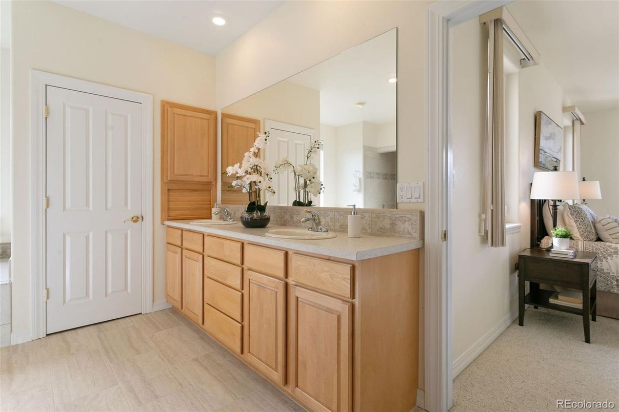 Bathroom, Dual Sink Vanities, Interior, Recessed Lighting, Wood Texture Flooring