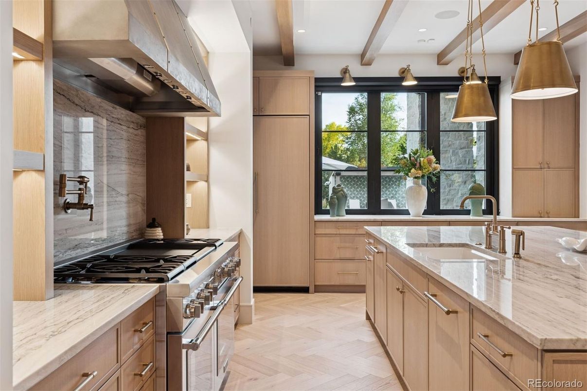 Interior, Kitchen, Pendant Lights, Recessed Lighting, Stainless Steel Appliances, Wooden Beams, Wood Texture Flooring