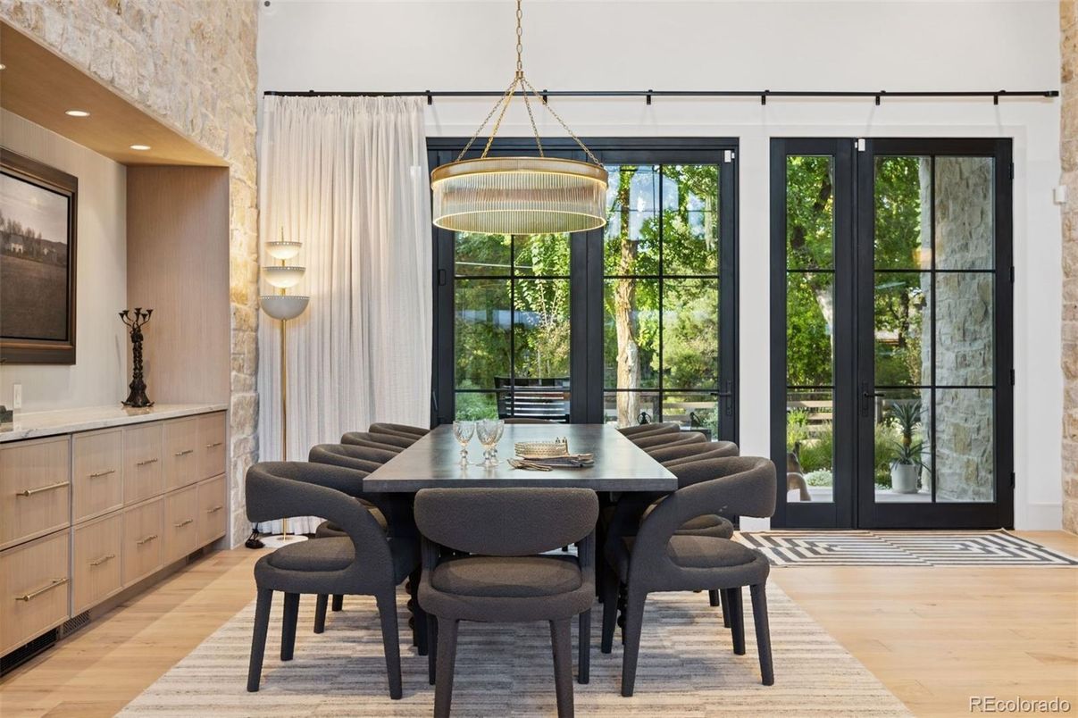 Dining room, Interior, Pendant Lights, Recessed Lighting, Wood Texture Flooring