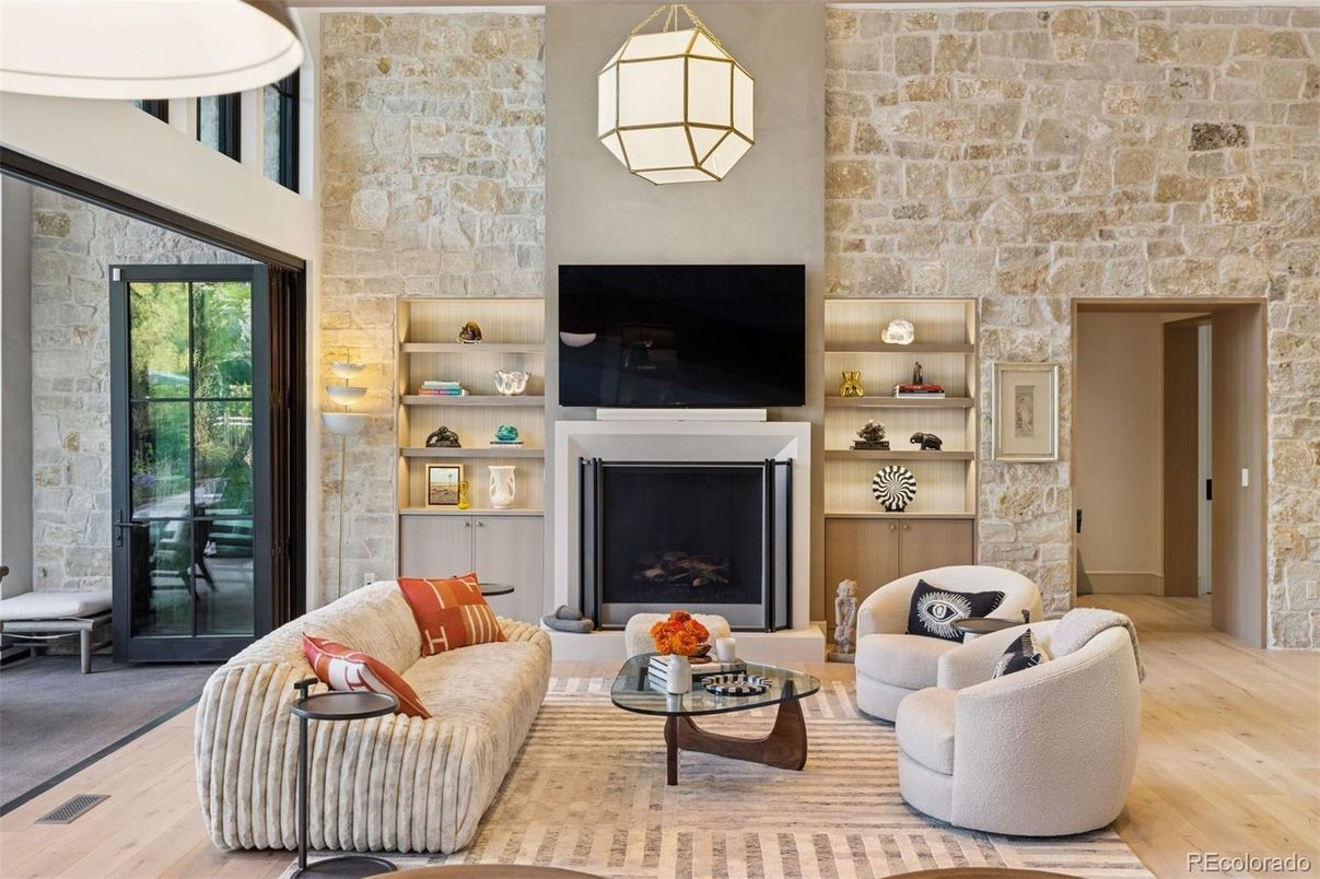 Fireplace, Interior, Living room, Stone Walls, Wood Texture Flooring