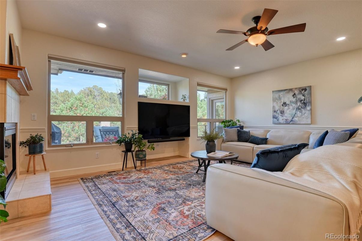 Fireplace, Interior, Living room, Recessed Lighting, Wood Texture Flooring