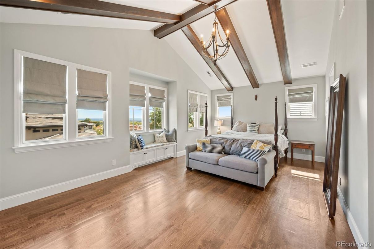 Bedroom, Chandelier, Interior, Wooden Beams, Wood Texture Flooring