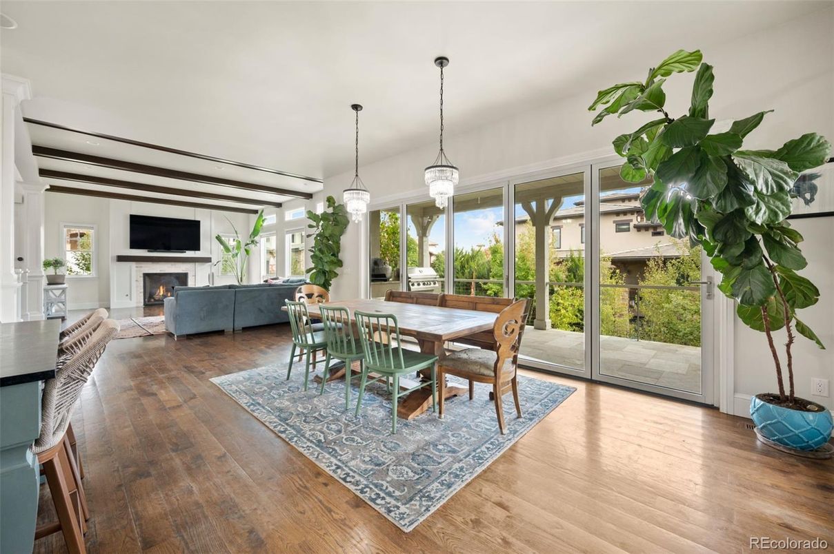 Dining room, Fireplace, Interior, Living room, Pendant Lights, Wood Texture Flooring
