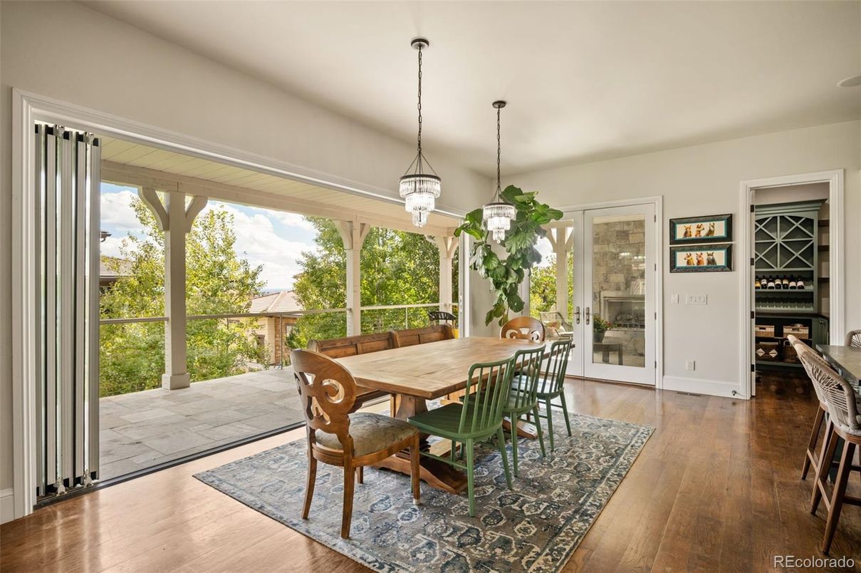 Dining room, Interior, Pendant Lights, Wood Texture Flooring