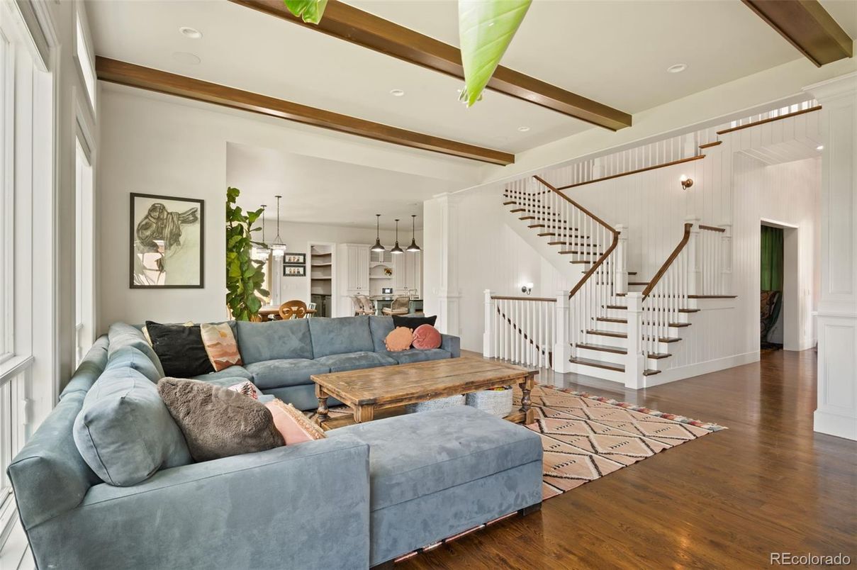 Dining room, Interior, Kitchen, Living room, Pendant Lights, Recessed Lighting, Wooden Beams, Wood Texture Flooring