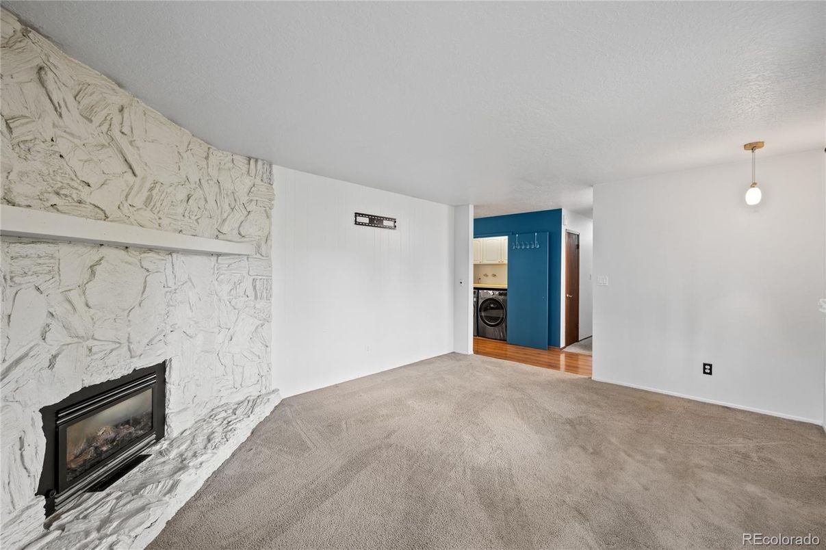Empty room, Fireplace, Interior, Marble Walls, Pendant Lights
