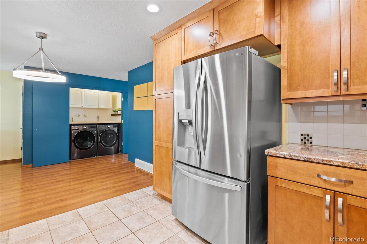 Interior, Kitchen, Pendant Lights, Recessed Lighting, Washer, Wood Texture Flooring