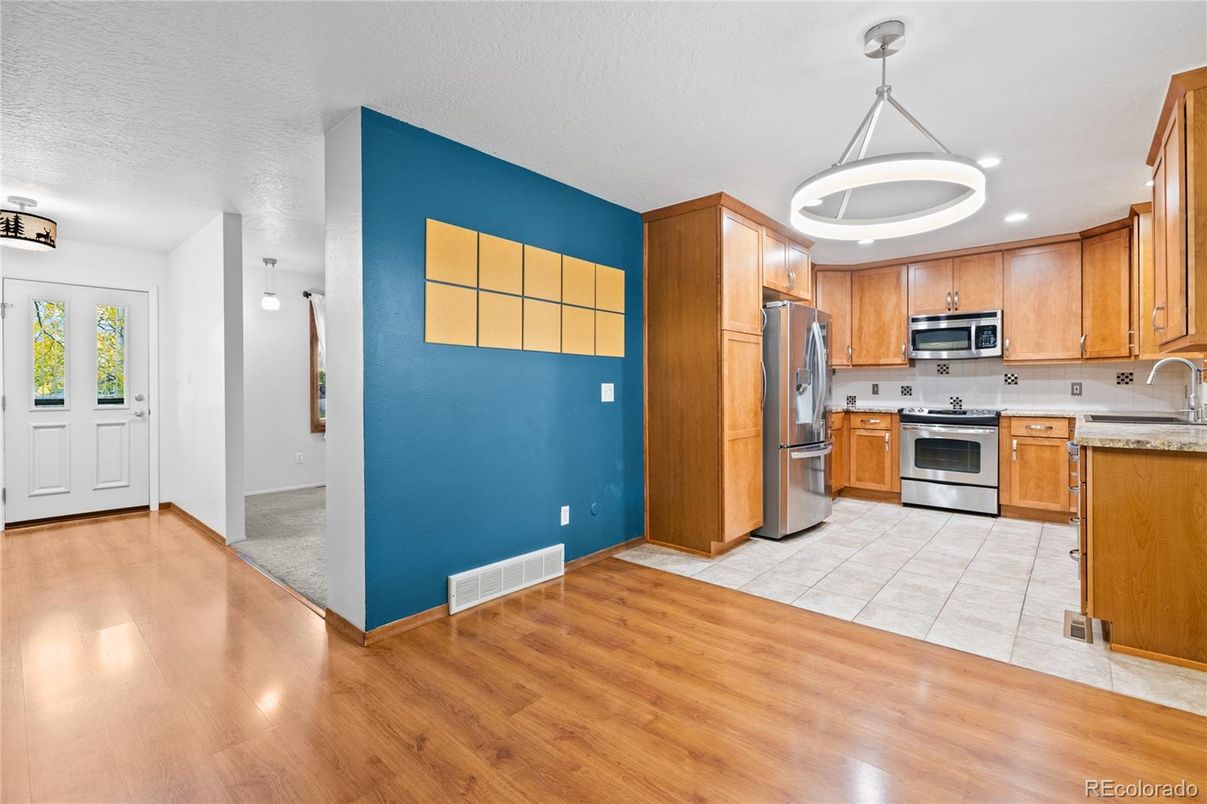 Interior, Kitchen, Pendant Lights, Recessed Lighting, Stainless Steel Appliances, Wood Texture Flooring