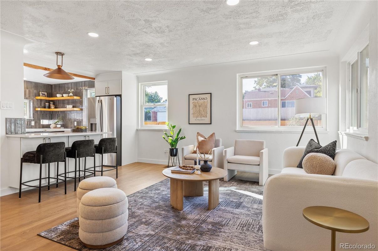 Interior, Kitchen, Living room, Recessed Lighting, Stainless Steel Appliances, Wood Texture Flooring