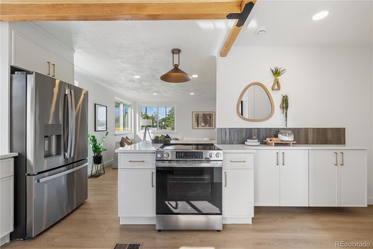 Interior, Kitchen, Pendant Lights, Recessed Lighting, Stainless Steel Appliances, Wood Texture Flooring