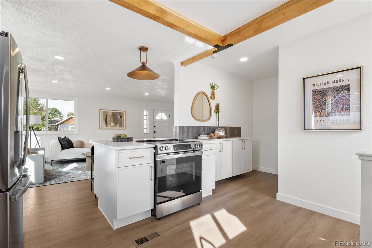 Interior, Kitchen, Living room, Pendant Lights, Recessed Lighting, Stainless Steel Appliances, Wooden Beams, Wood Texture Flooring