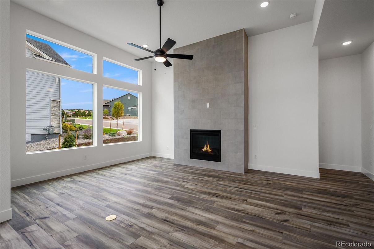 Empty room, Fireplace, Interior, Recessed Lighting, Wood Texture Flooring