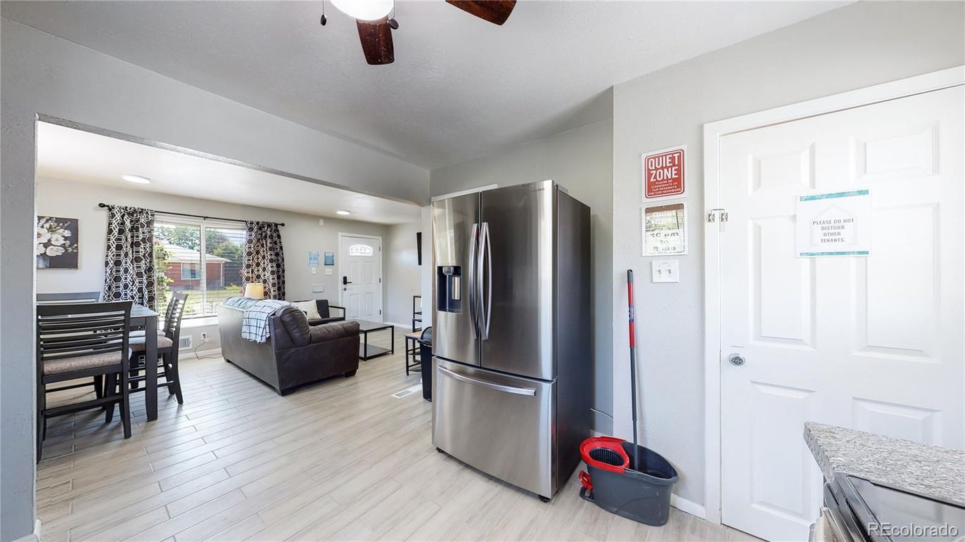Dining room, Interior, Kitchen, Living room, Recessed Lighting, Wood Texture Flooring