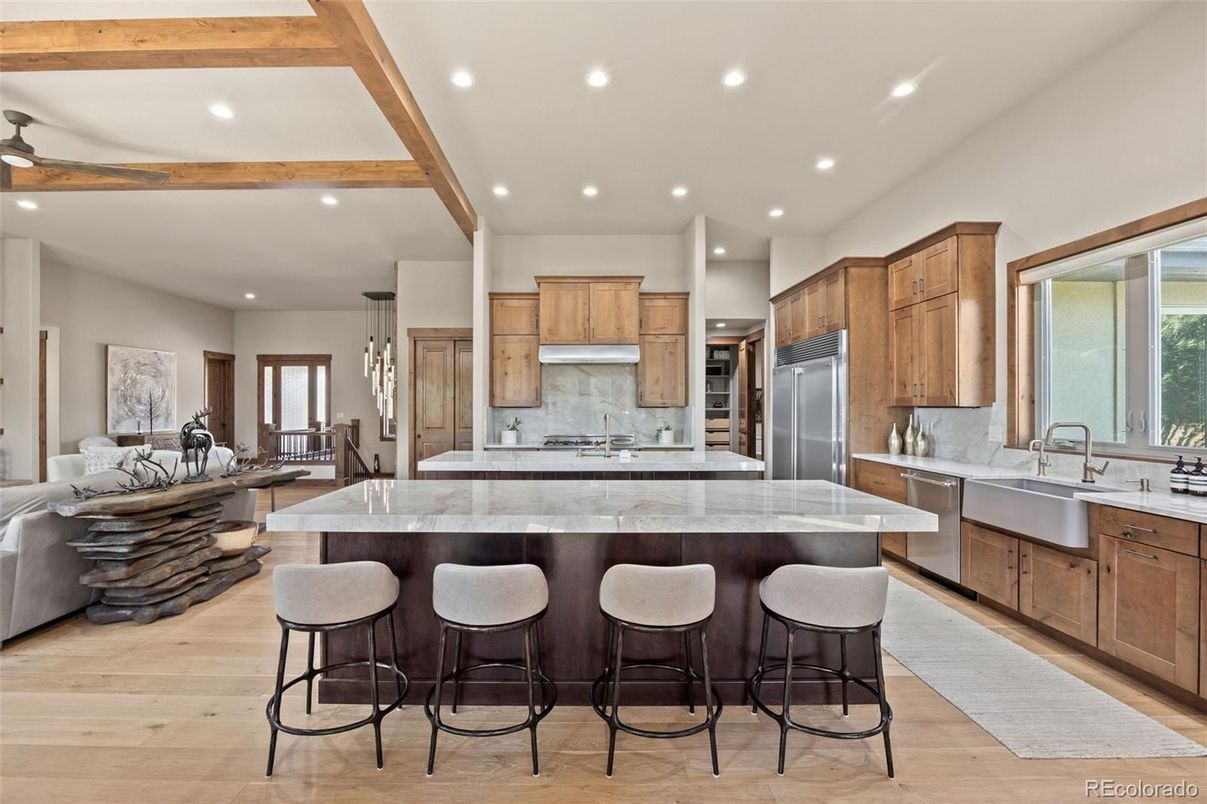 Interior, Kitchen, Pendant Lights, Recessed Lighting, Stainless Steel Appliances, Wooden Beams, Wood Texture Flooring