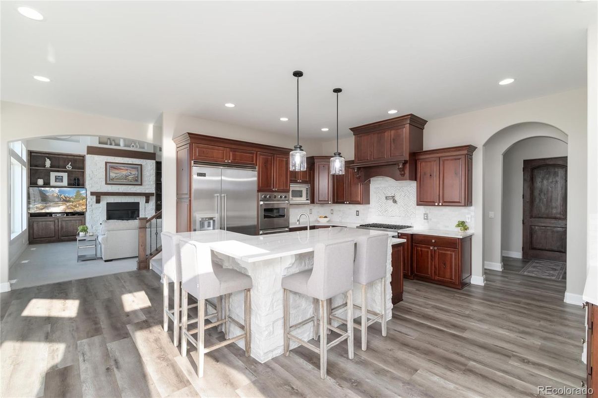 Interior, Kitchen, Pendant Lights, Recessed Lighting, Stainless Steel Appliances, Wood Texture Flooring