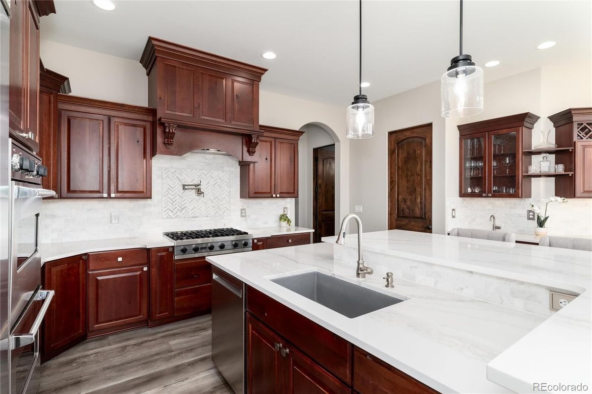 Interior, Kitchen, Pendant Lights, Recessed Lighting, Stainless Steel Appliances, Wood Texture Flooring
