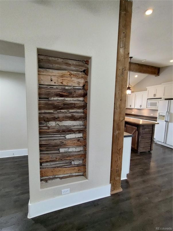 Interior, Kitchen, Pendant Lights, Recessed Lighting, Stainless Steel Appliances, Wooden Beams, Wood Texture Flooring, Wooden Walls