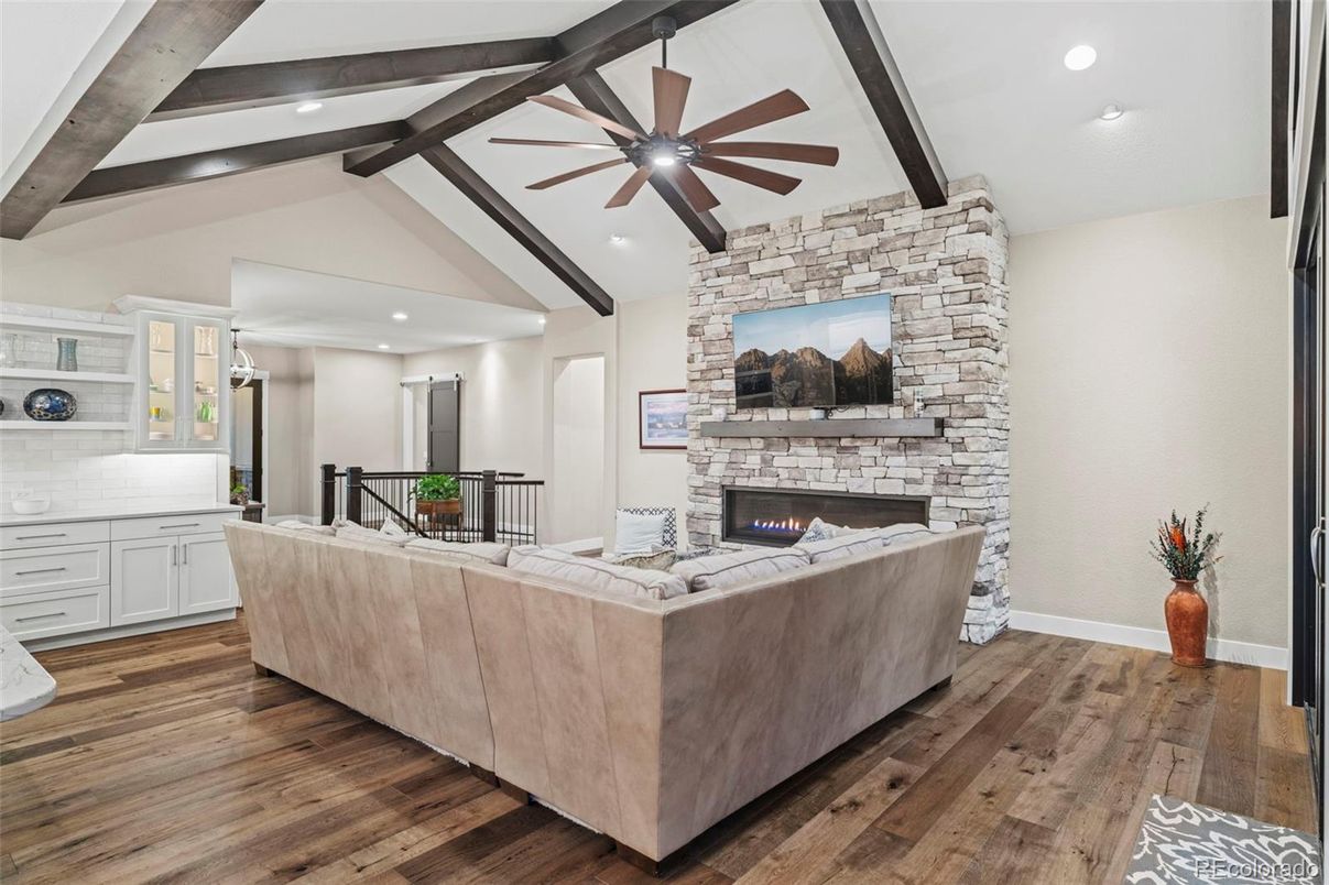 Fireplace, Interior, Living room, Recessed Lighting, Stone Walls, Wooden Beams, Wood Texture Flooring