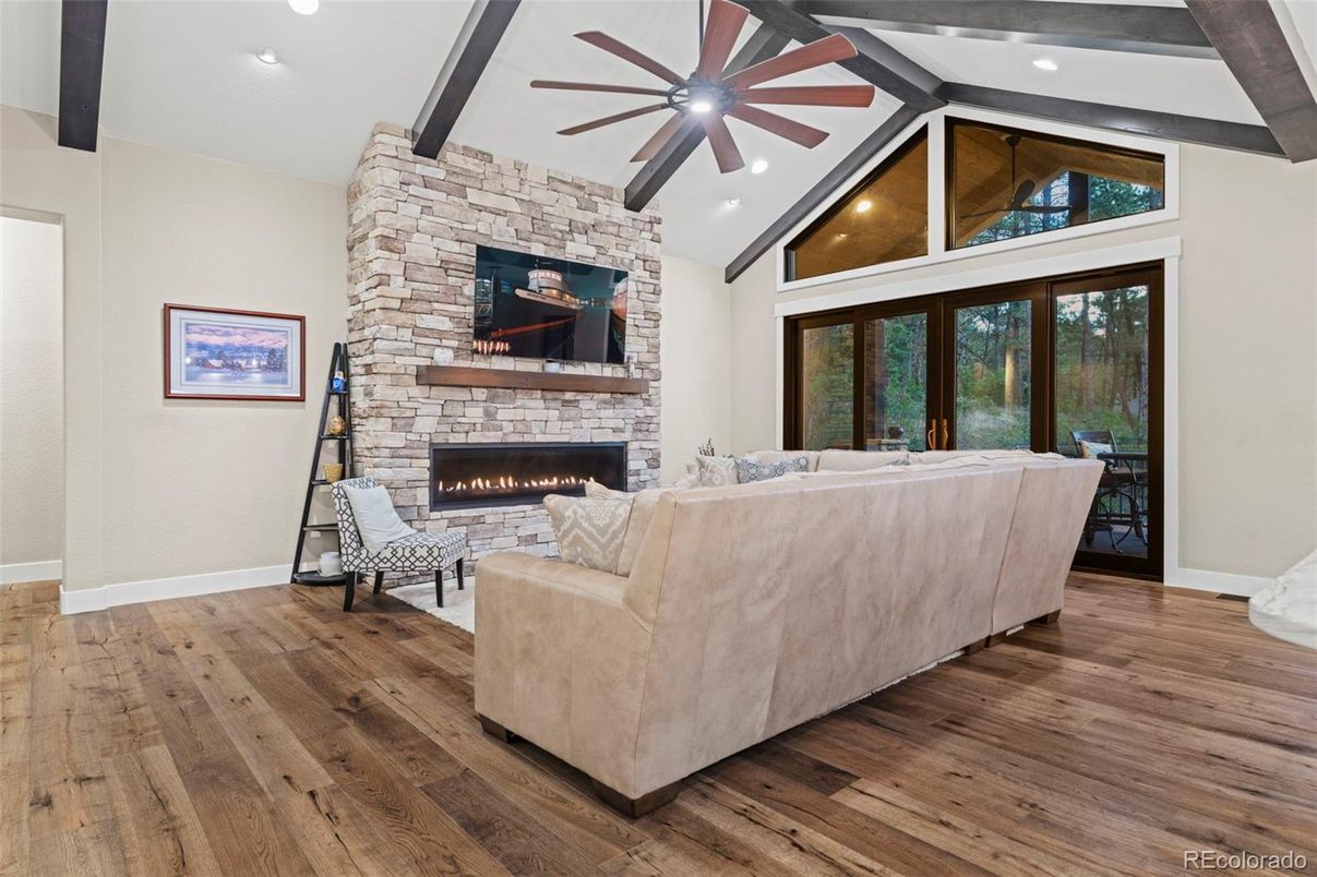 Fireplace, Interior, Living room, Recessed Lighting, Stone Walls, Wooden Beams, Wood Texture Flooring