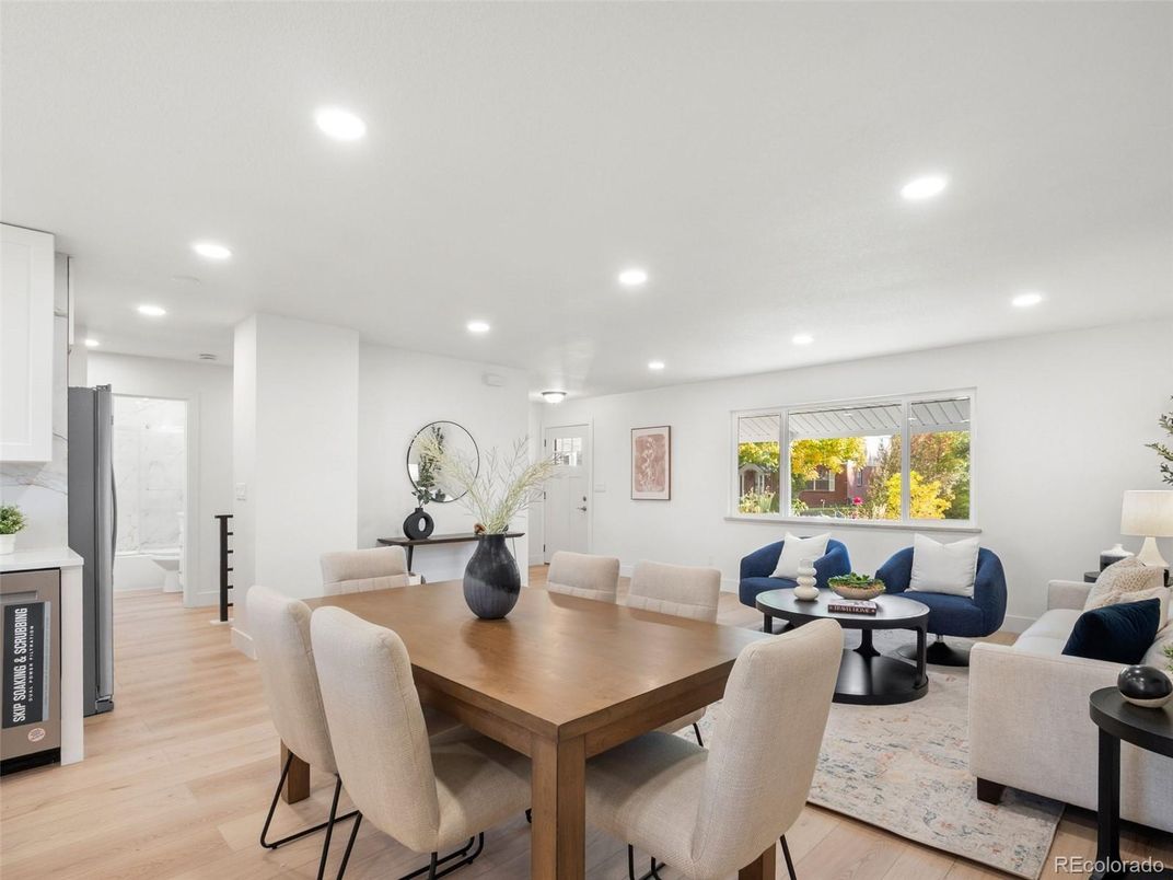 Dining room, Interior, Living room, Recessed Lighting, Wood Texture Flooring