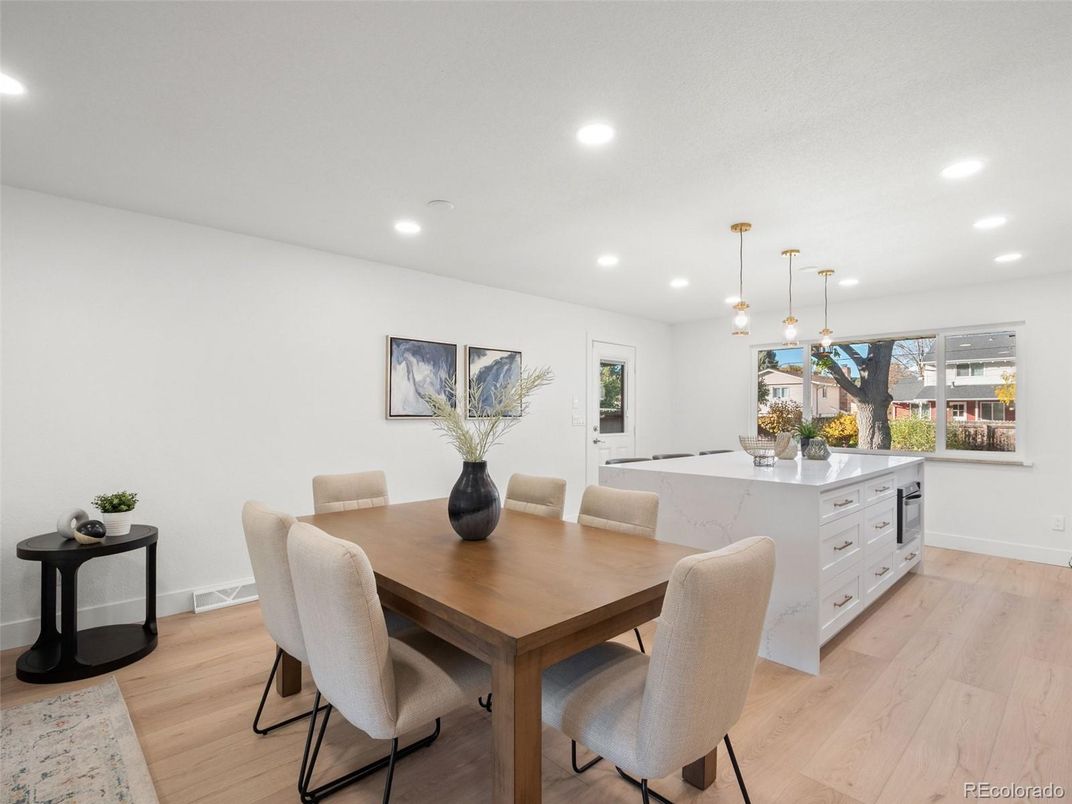 Dining room, Interior, Pendant Lights, Recessed Lighting, Wood Texture Flooring