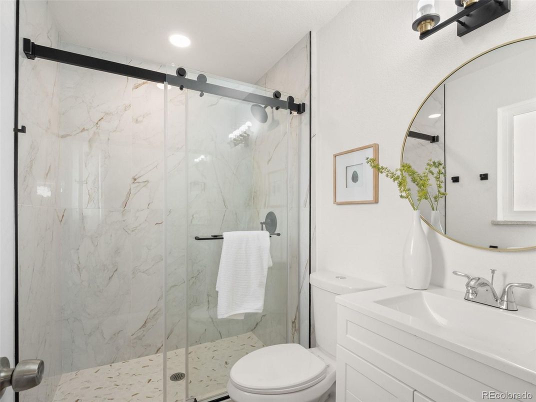 Bathroom, Glass Shower, Interior, Marble Walls, Recessed Lighting