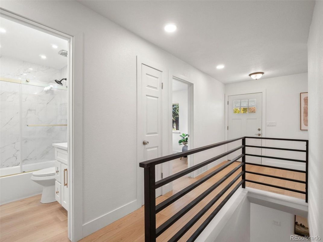 Bathroom, Interior, Marble Walls, Recessed Lighting, Wood Texture Flooring