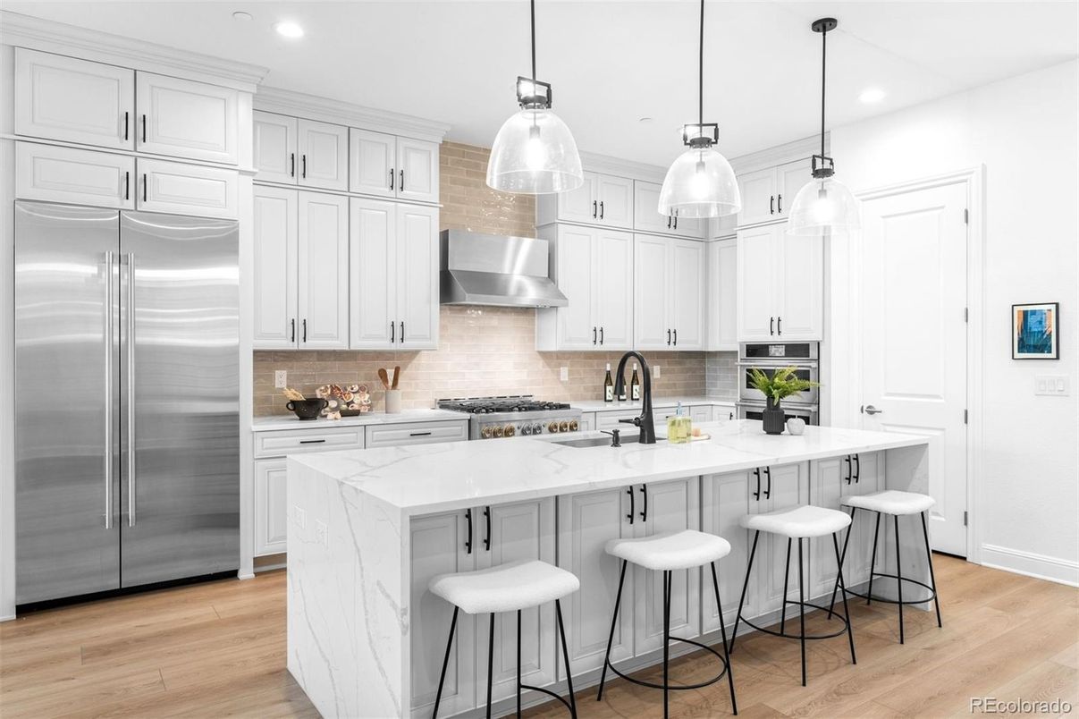 Interior, Kitchen, Pendant Lights, Recessed Lighting, Stainless Steel Appliances, Wood Texture Flooring