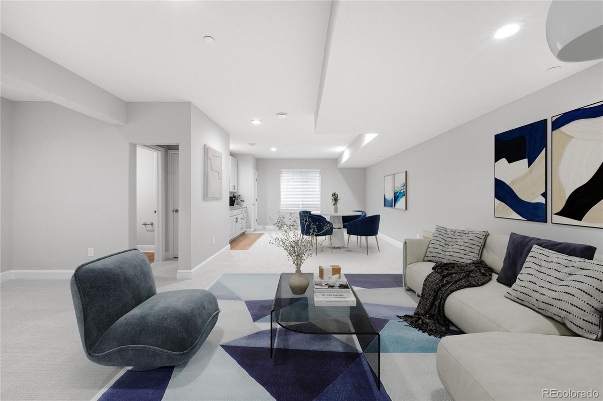 Dining room, Interior, Living room, Recessed Lighting, Wood Texture Flooring