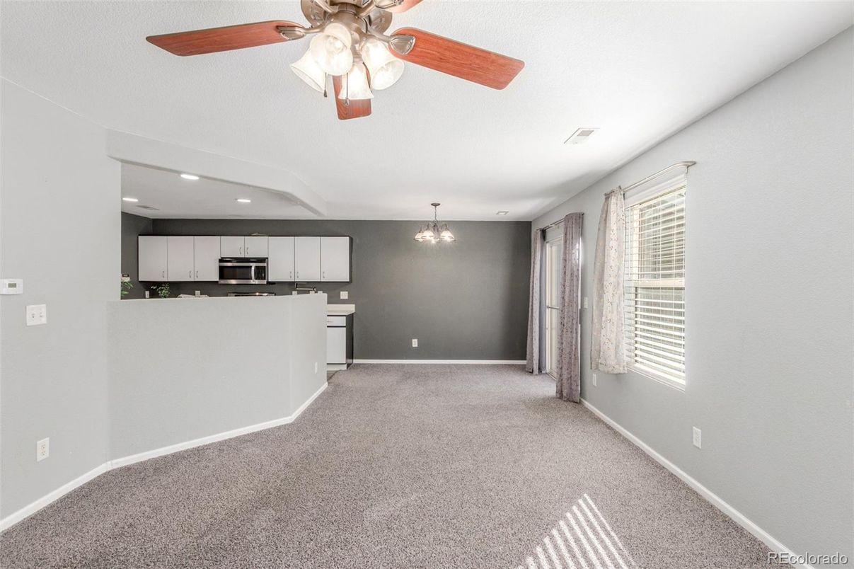 Chandelier, Empty room, Interior, Kitchen, Recessed Lighting, Stainless Steel Appliances
