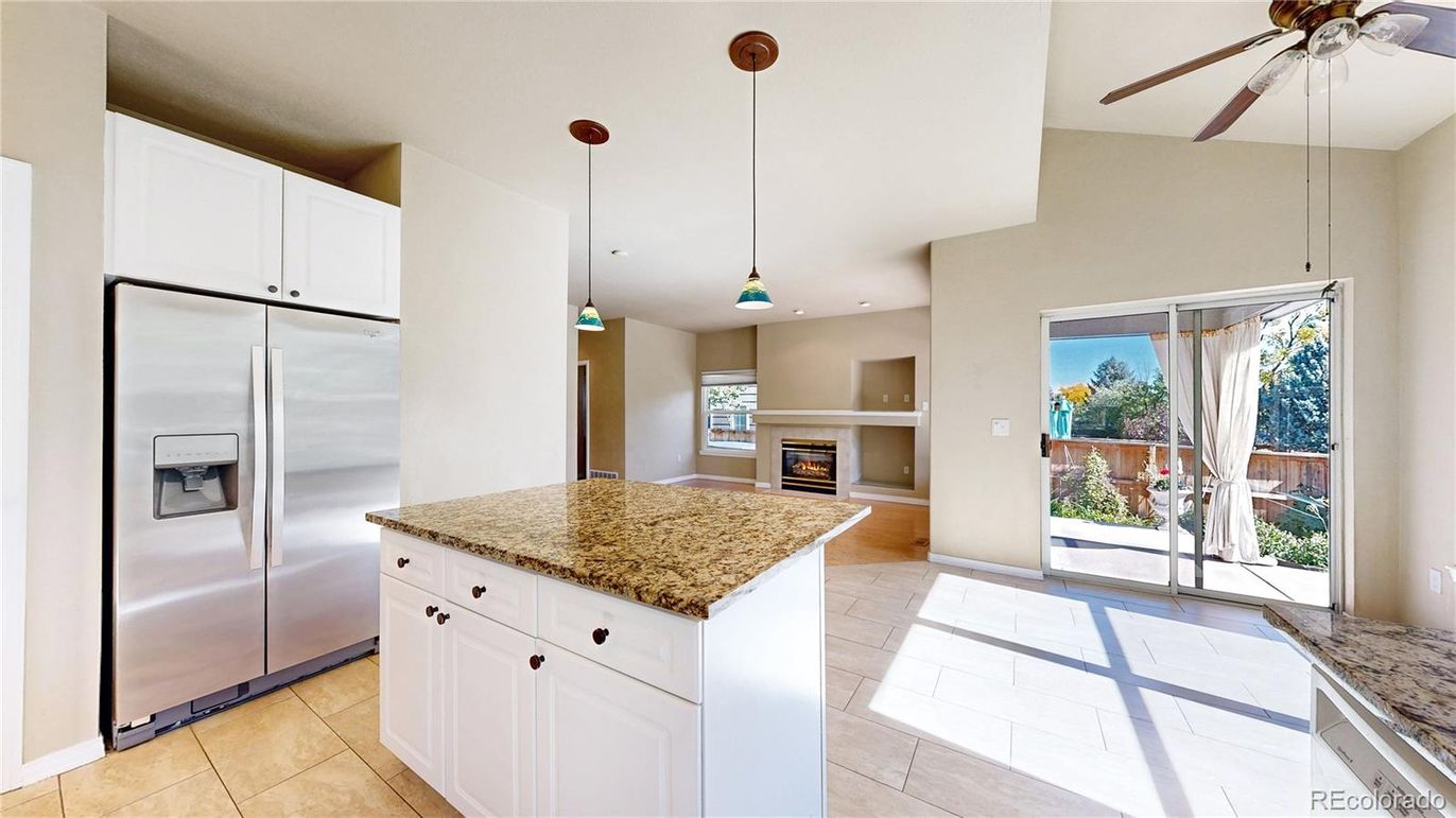 Fireplace, Interior, Kitchen, Pendant Lights, Stainless Steel Appliances