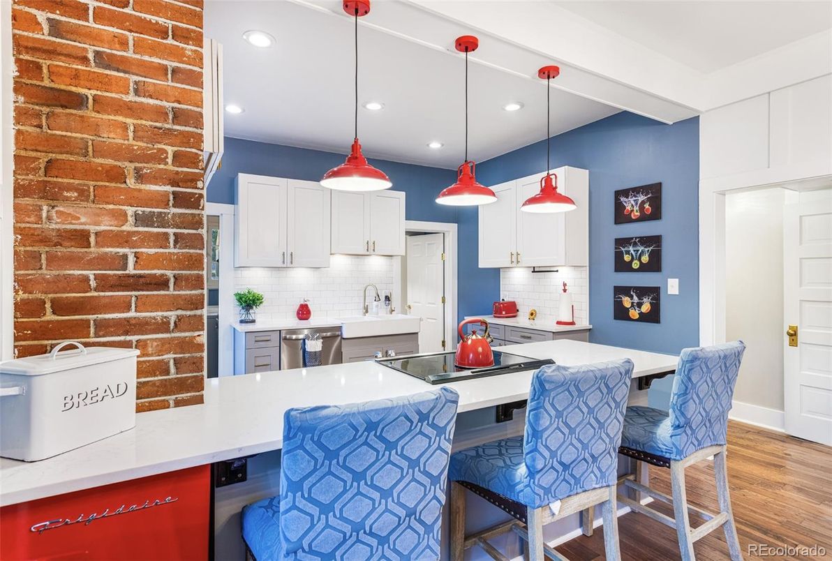 Interior, Kitchen, Pendant Lights, Recessed Lighting, Stainless Steel Appliances, Stone Walls, Wood Texture Flooring