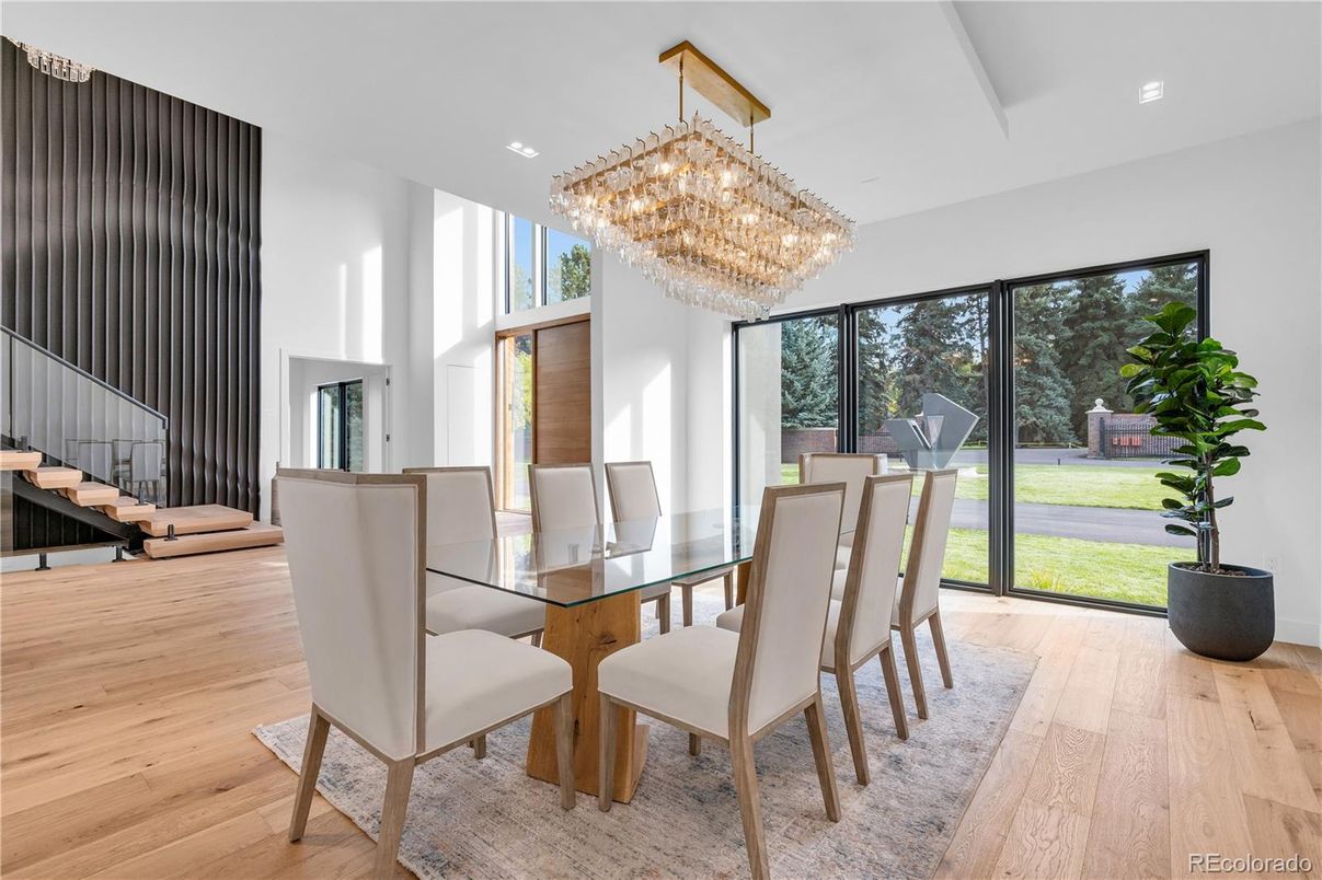 Chandelier, Dining room, Interior, Recessed Lighting, Wood Texture Flooring
