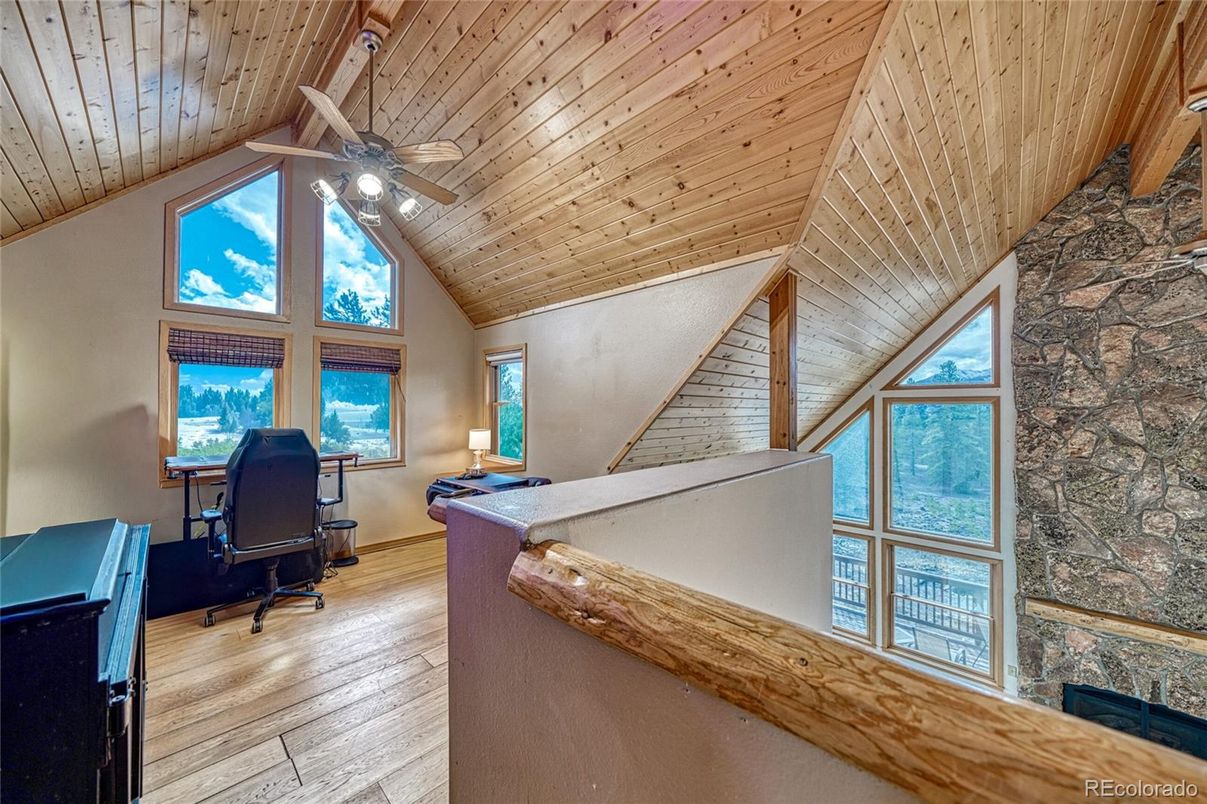 Home Office, Interior, Stone Walls, Wooden Ceilings, Wood Texture Flooring