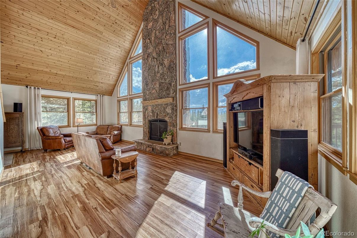 Fireplace, Interior, Living room, Sun Room, Wooden Ceilings, Wood Texture Flooring