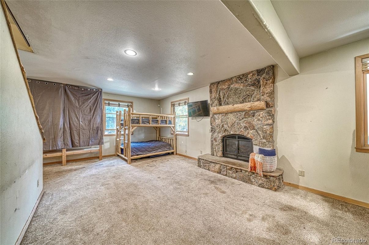 Fireplace, Interior, Recessed Lighting, Stone Walls