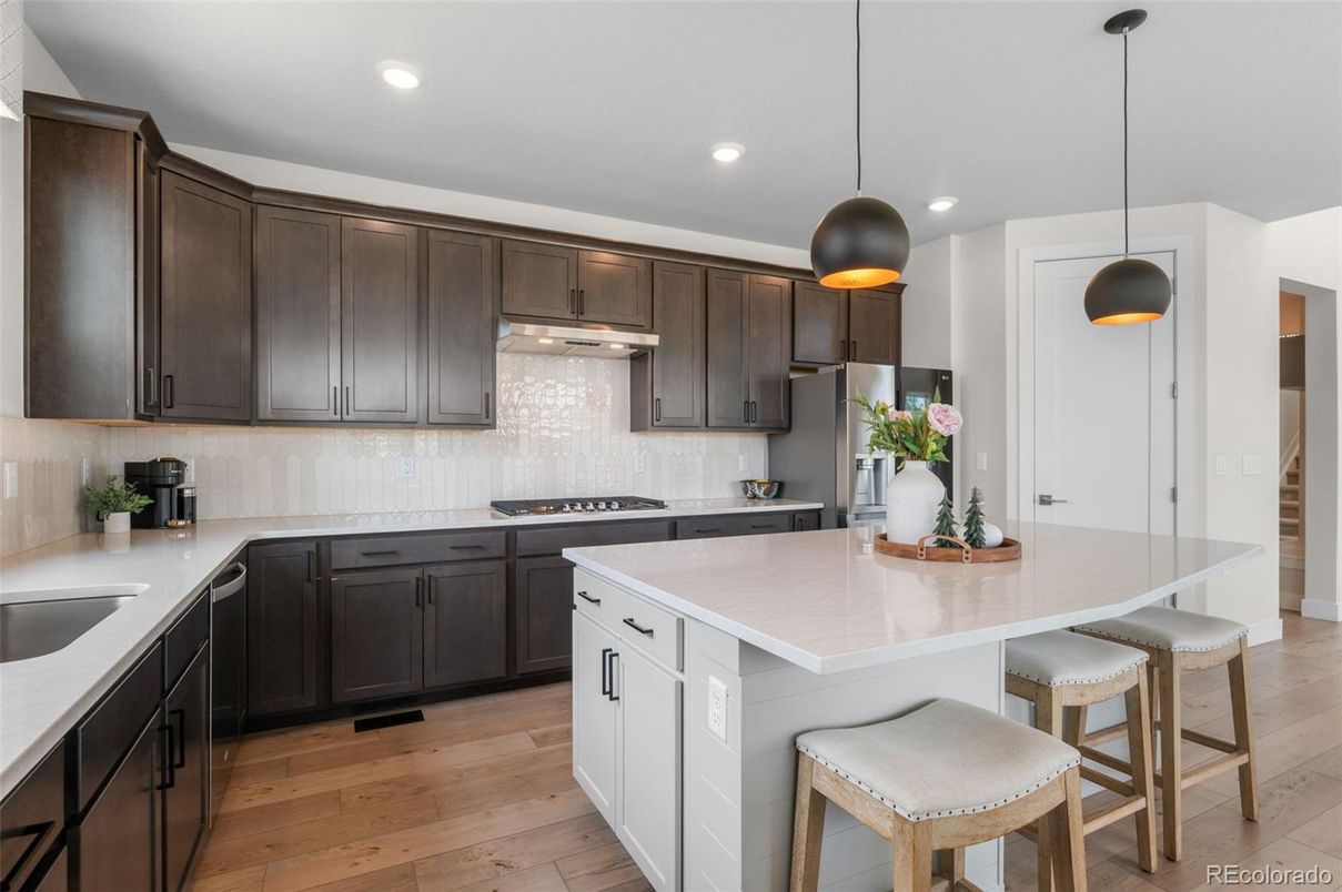 Interior, Kitchen, Pendant Lights, Recessed Lighting, Wood Texture Flooring