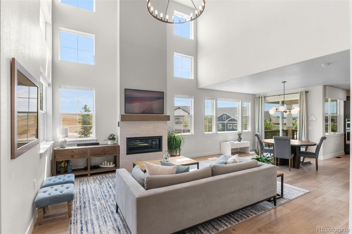 Dining room, Fireplace, Interior, Living room, Pendant Lights, Wood Texture Flooring