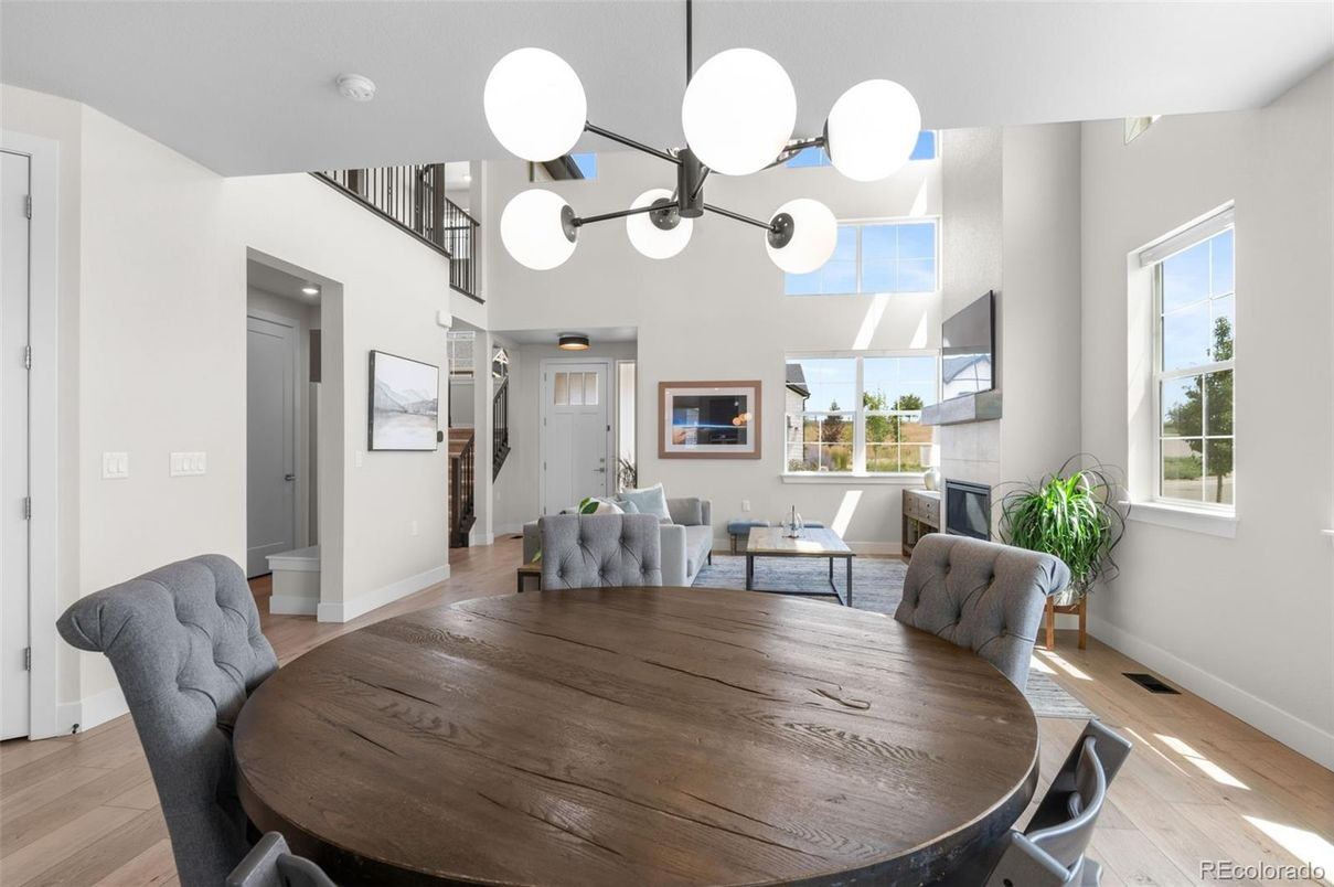 Dining room, Fireplace, Interior, Pendant Lights, Wood Texture Flooring