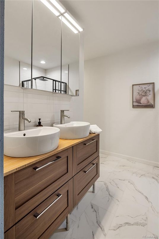 Bathroom, Dual Sink Vanities, Interior, Marble, Recessed Lighting