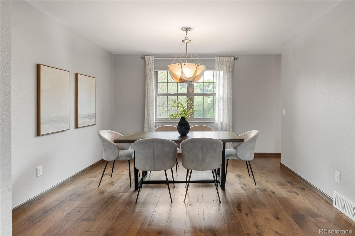 Dining room, Interior, Pendant Lights, Wood Texture Flooring